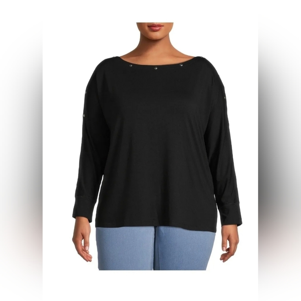 Allison Taylor Women's Dolman Sleeve Nailhead Trim Top/Blouse, Black Size 1X